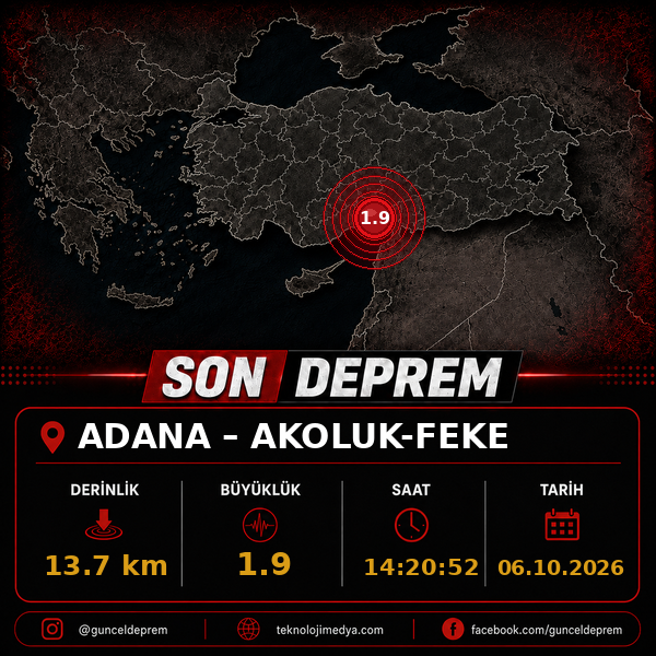 Son Depremler | AKOLUK-FEKE (ADANA) | 06.10.2026 - 14:20 1 Son Depremler | AKOLUK-FEKE (ADANA) | 06.10.2026 - 14:20