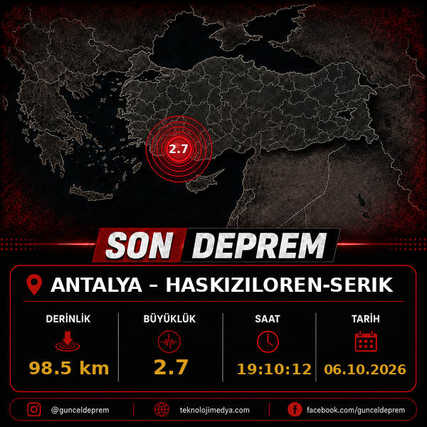 Son Depremler | HASKIZILOREN-SERIK (ANTALYA) | 06.10.2026 - 19:10 1 Son Depremler | HASKIZILOREN-SERIK (ANTALYA) | 06.10.2026 - 19:10
