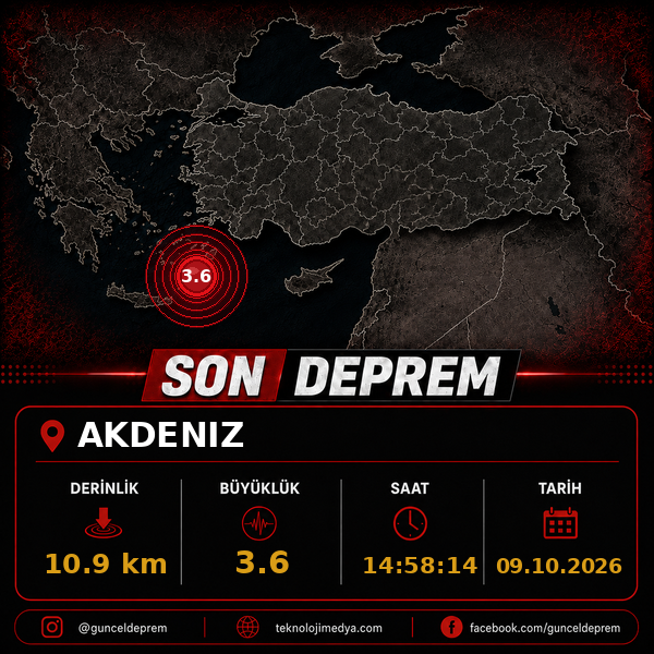 Son Depremler | AKDENIZ | 09.10.2026 - 14:58 1 Son Depremler | AKDENIZ | 09.10.2026 - 14:58