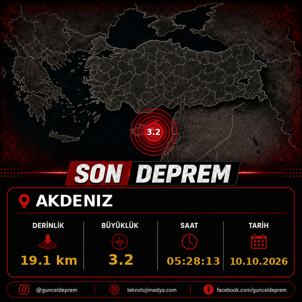 Son Depremler | AKDENIZ | 10.10.2026 - 05:28 1 Son Depremler | AKDENIZ | 10.10.2026 - 05:28