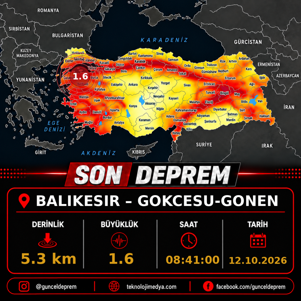 Son Depremler | GOKCESU-GONEN (BALIKESIR) | 12.10.2026 - 08:41 1 Son Depremler | GOKCESU-GONEN (BALIKESIR) | 12.10.2026 - 08:41